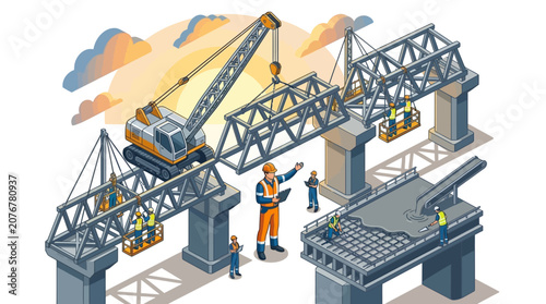 Quadro su tela Construction site with workers and heavy machinery building a bridge