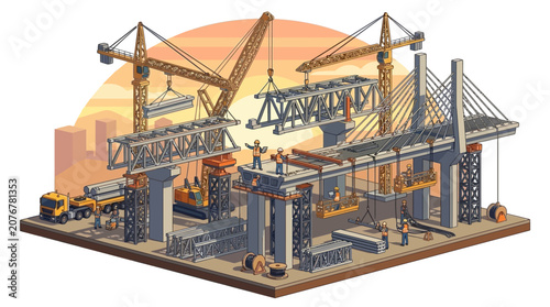 Quadro su tela Modern industrial construction site with cranes and steel beams.