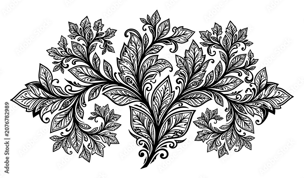 Fototapeta premium Geometric leaf vector artwork with stylized botanical silhouettes and fractal branching isolated on white background