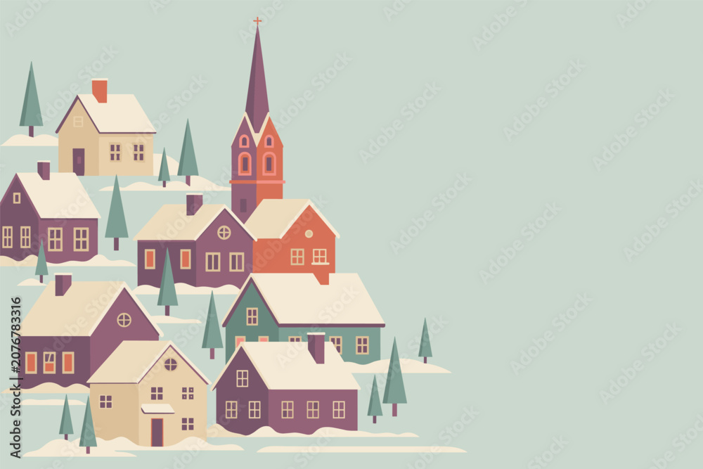 Obraz premium Flat illustration of a cozy snowy village with a tall traditional church in wintertime, colorful graphic art, winter concept