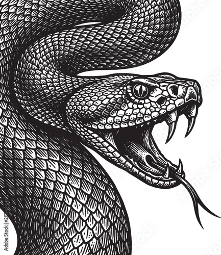Fotografie Aggressive coiled viper snake head with open mouth and fangs hand drawn vintage etching style illustration on transparent background design