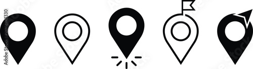 Location Pin Navigation Icon Collection With Solid And Outline Map Marker Symbols For GPS, Destination, Tracking, And Route Vector Design