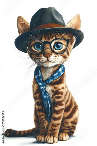 Funny Cat Wearing Sunglasses and Stylish Hat Isolated on White Background for T-Shirt Prints, Merchandise and Pet Design. High-quality realistic illustration featuring a cool cat wearing fashionable 