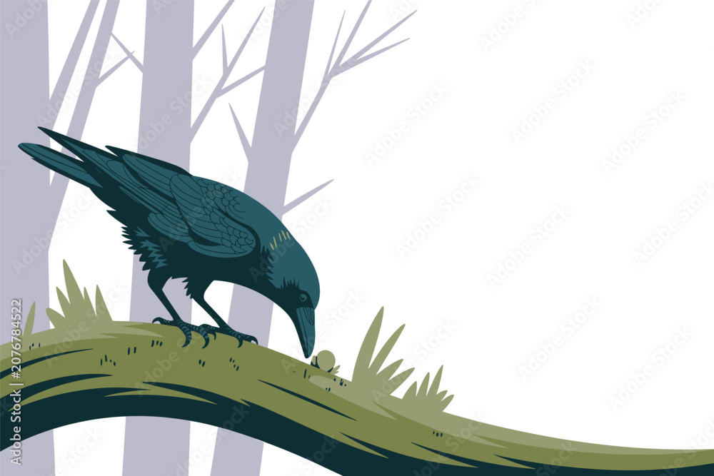 Fototapeta premium Flat illustration of a dark raven perched quietly on a mossy branch in a foggy woodland, colorful graphic art, nature concept