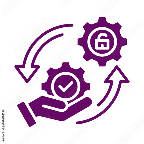 Security process icon gears shield and hand isolated on transparent background