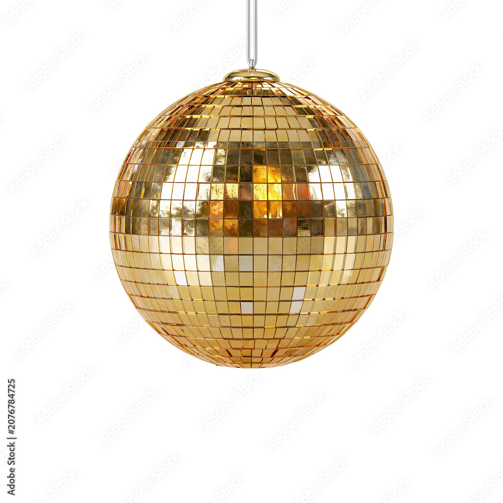 Obraz premium Golden disco ball hanging with mirror tiles on transparent background