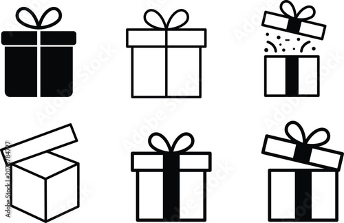 Gift Present Box Icon Collection Featuring Wrapped Package Open Gift Celebration Surprise And Festive Packaging Symbols