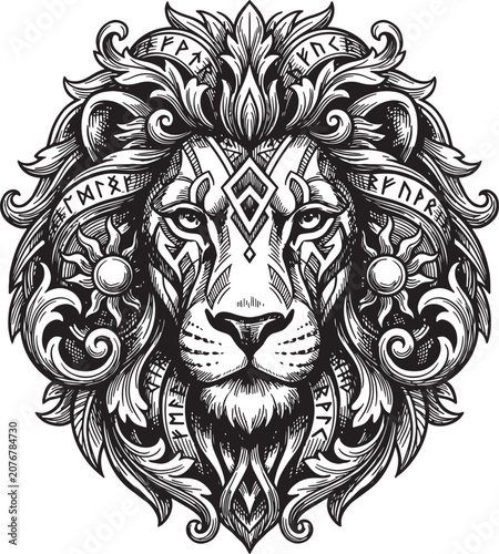 Photos Lion head portrait with decorative floral ornaments and ancient runic symbols detailed engraving illustration for majestic royal tattoo art