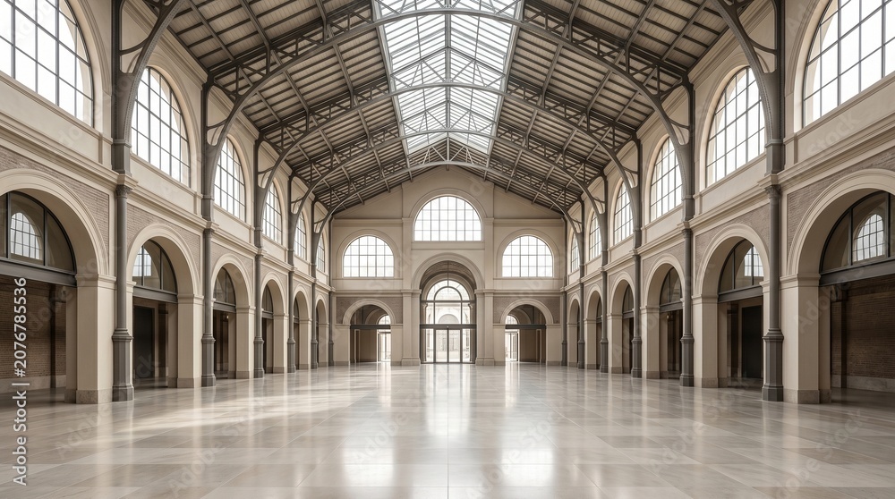 Obraz premium Italian covered market hall, Iron glass roof structure, Arched windows and stone floor, Empty commercial architecture, Symmetrical interior background