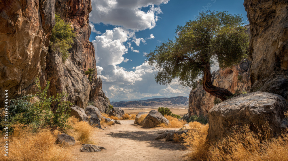 Obraz premium Picturesque desert canyon valley path landscape with dry yellow grass massive rock cliffs and a lonely green tree under a beautiful blue sky with fluffy white clouds on a sunny summer day