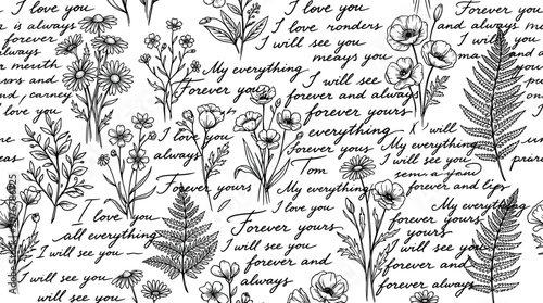 Tableau sur toile Seamless pattern with handdrawn wildflowers, ferns and romantic handwritten call