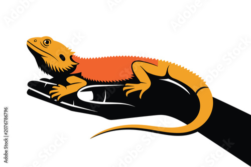 Flat illustration of a bright orange bearded dragon resting safely on a black hand, minimalist graphic art style, animal concept