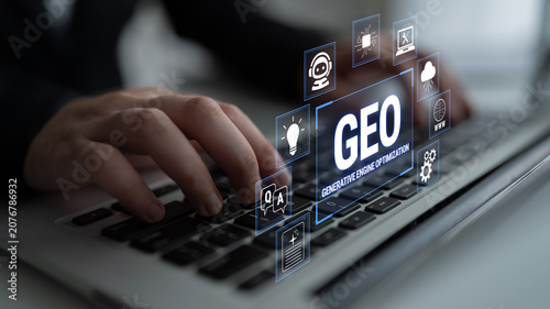 Quadro su tela Hands Typing on Keyboard with GEO Generative Engine Optimization Concept Graphic on Screen in Modern Office Setting Fluxor