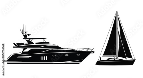 Fotografía Motor yacht and sailboat silhouette against a white background silhouette