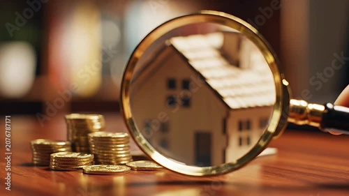 Magnifying glass over house model and stacks of coins.