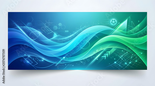 Abstract Soccer Banner with Dynamic Blue and Green Waves, Glowing Lines, and Football Field Tactics Background