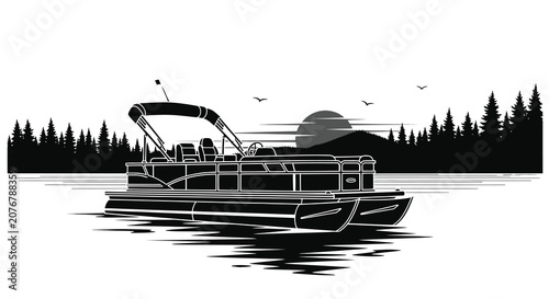 Obraz na plátne Pontoon Boat With Forest And Water Landscape Black Silhouette watercraft