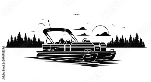 Photography Pontoon Boat With Forest And Sky Silhouette vessel watercraft lake