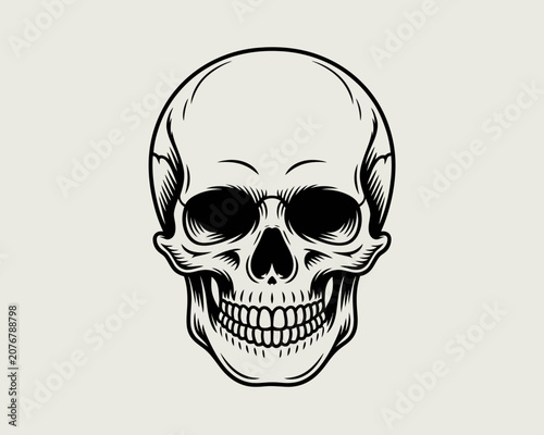 A black and white illustration of a human skull with a menacing grin