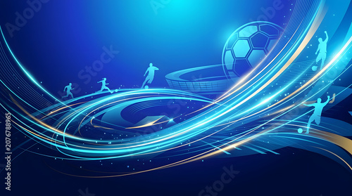 Dynamic Abstract Football Background with Glowing Energy Trails and Silhouettes of Players for Sports Event Marketing and Championship Design