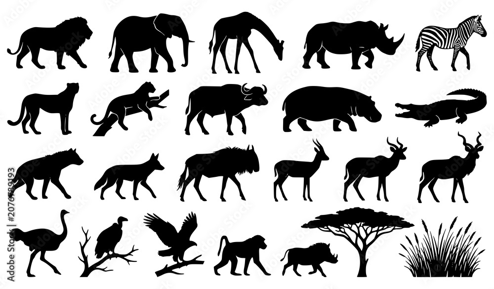 Obraz premium African Savanna Wildlife Silhouette Vector Pack with Lion Elephant Giraffe Rhino Zebra and Nature Animals