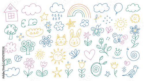 Photos Cute kid doodle sketch element set featuring hand drawn flowers, hearts, rainbow