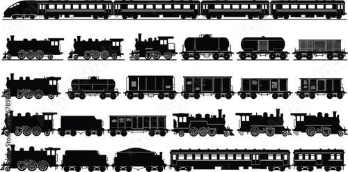 Canvastavla Black train silhouettes set featuring steam locomotives, modern high speed rail, passenger carriages, and freight cargo wagons for railway transport