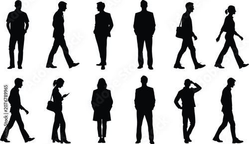 Tableau sur toile Black silhouettes of diverse people in casual and business attire, standing, wal