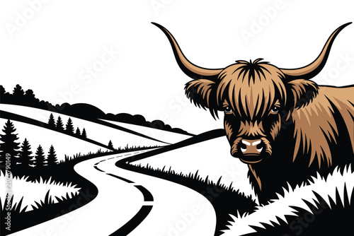 Flat illustration of a strong brown highland cow standing calmly beside a winding road, animal concept