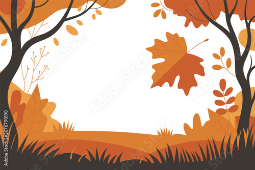 Flat illustration of a gently falling brown autumn leaf framed by dark forest trees, minimalist graphic art style, nature concept