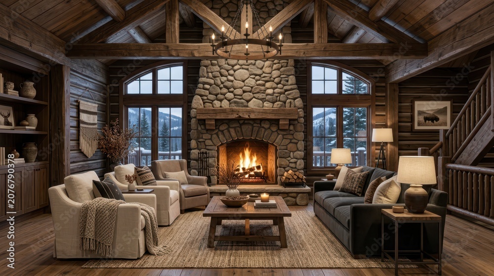 Fototapeta premium Cozy log cabin living room with stone fireplace and mountain view
