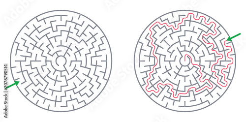 Foto Circular maze designs with solved path highlighted in red