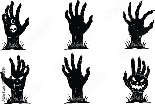 Photos Black silhouette illustration of six zombie monster hands with skull, claw, jack