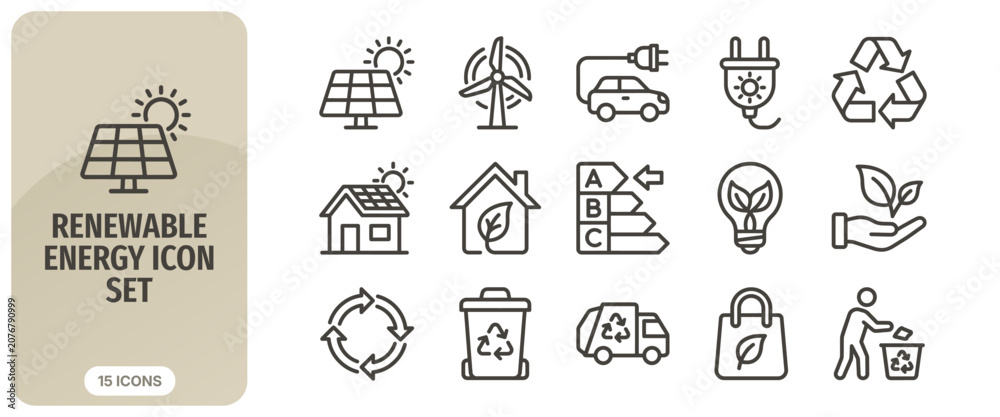 Fototapeta premium Renewable energy and recycling icon set, ecofriendly technology, sustainable living, green energy symbols, vector illustration