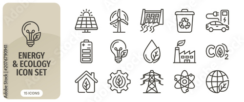 Bild auf Leinwand Energy and ecology line icon set, sustainable development, renewable energy sour