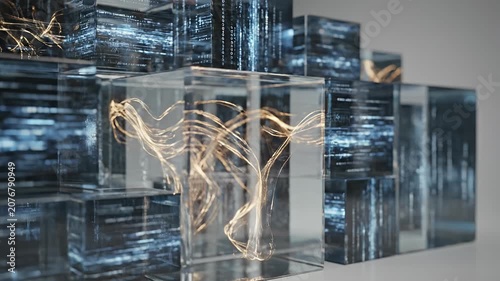 Transparent digital data cubes with glowing network circuits.