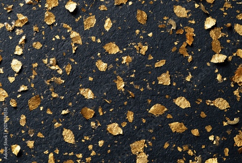 Gold glitter flakes on dark blue background texture