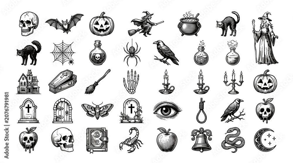 Fototapeta premium A collection of darkly themed vintage-style illustrations featuring spooky objects and creatures for Halloween