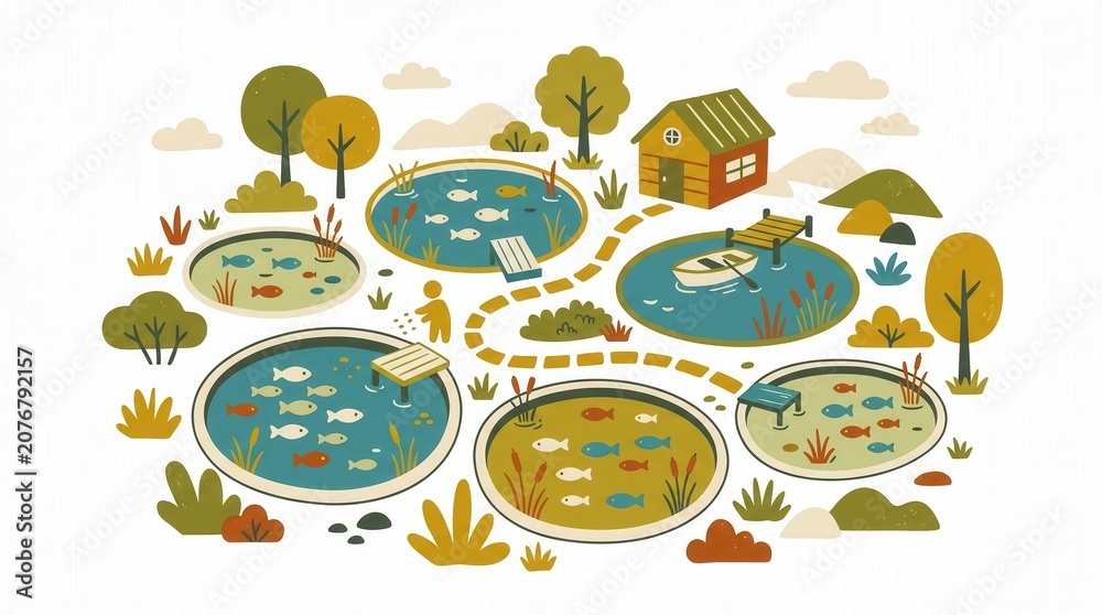 Fototapeta premium A person feeds fish in multiple outdoor ponds near a small house with a boat on a sunny day