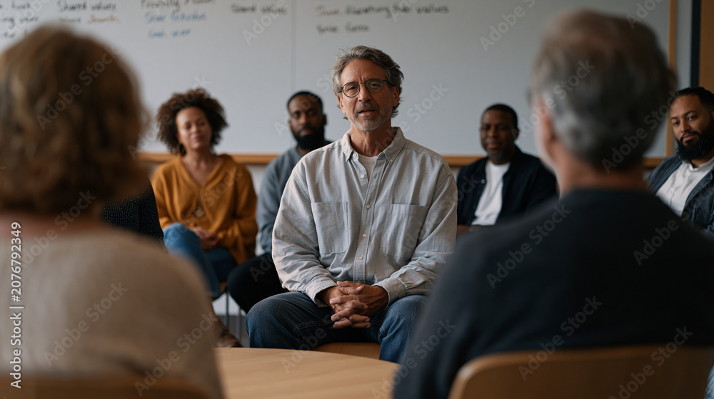 Obraz premium Diverse group of faith leaders seated in a circle in a community college classroom for a structured interfaith dialogue session, name tents identifying each tradition, a