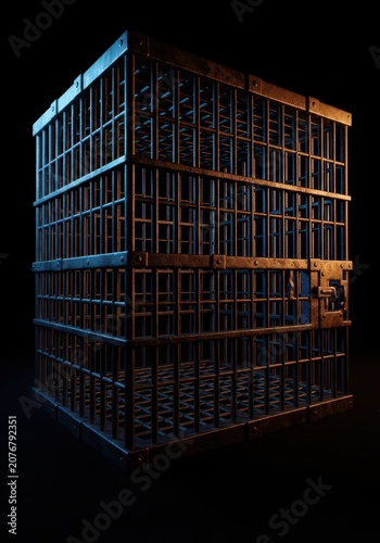 A heavy metallic cage structure looming in deep shadow and foreboding darkness, emphasizing restriction and inescapable confinement, metal, imprisoned, steel