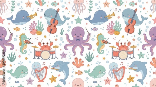 Cute ocean animals play violin, drums, harp, trumpet