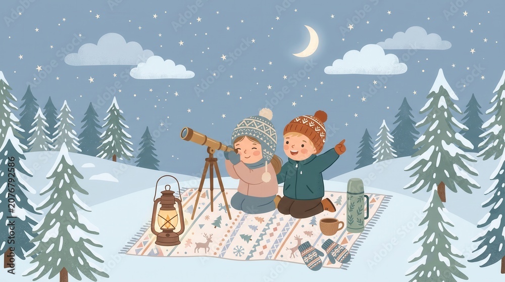 Naklejka premium Two children stargaze on a blanket in a snowy winter forest at night. They use a telescope