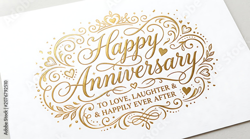 Golden anniversary card with elegant swirling designs and happy anniversary message