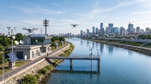 Futuristic urban river monitoring station with drones and solar panels, collecting vital environmental data for smart city development and a sustainable future