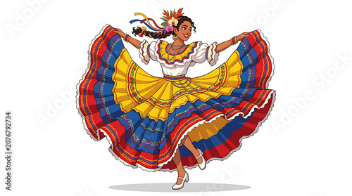 Vibrant Latin American woman dancing in colorful traditional dress