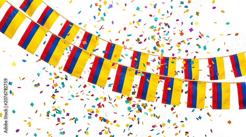 Vibrant Colombian celebration banner with colorful confetti on white background