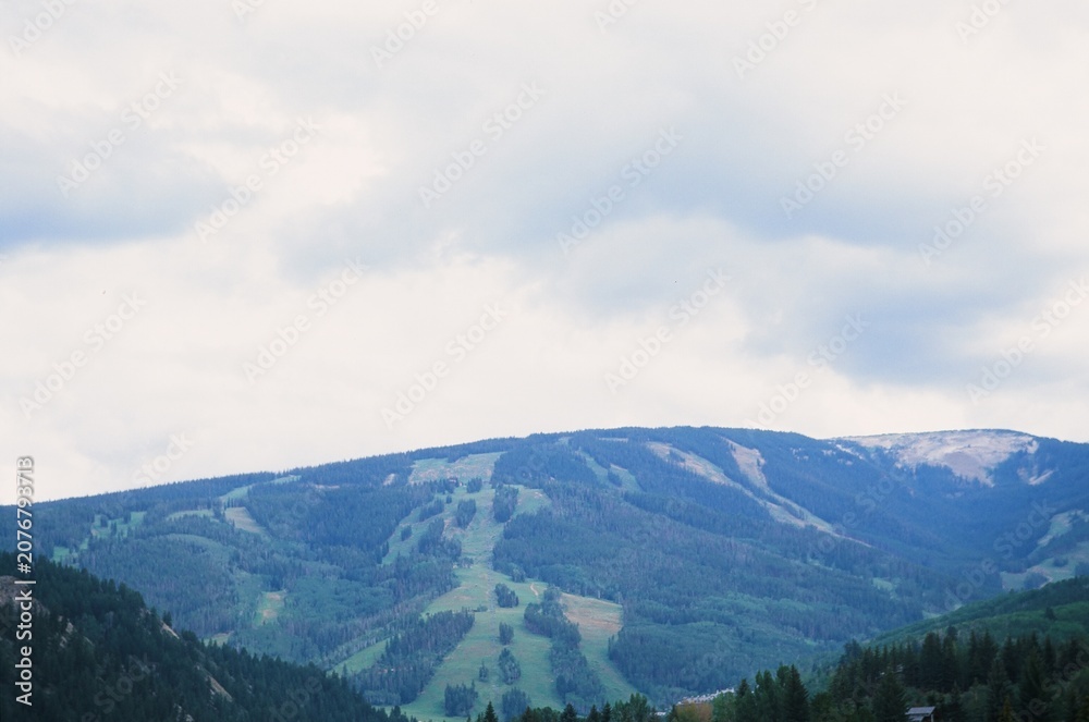 Fototapeta premium Summer Ski Resort Mountain with Green Slopes and Overcast Sky