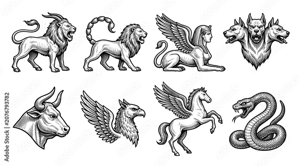 Fototapeta premium Set of Mythological Creatures and Ancient Monsters in Woodcut Style, Hand Drawn Vector Illustrations of Sphinx, Pegasus, Cerberus, Chimera, and Griffin for Heraldry and Tattoos