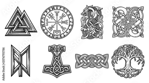 Viking Symbols and Norse Mythology Vector Set with Vegvisir, Valknut, Thor Hammer, and Yggdrasil Tree of Life in Celtic Knotwork Style